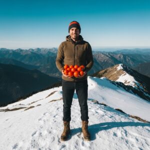 Man holding red tomatoes on a snowy mountain peak with a scenic background.